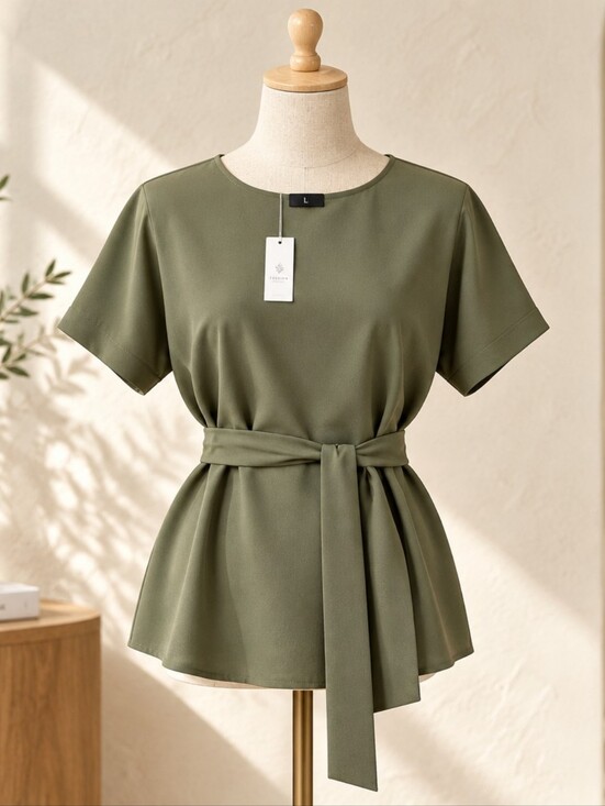 Worthington Tops - Worthington Olive Green Short Sleeve Blouse, With Tie-waist Belt XLarge. NWT